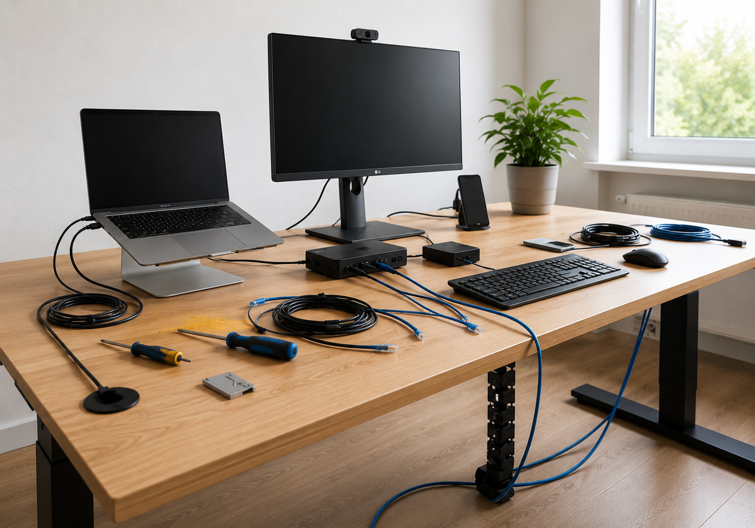 Arbeitsplatz während Aufbau und Verkabelung